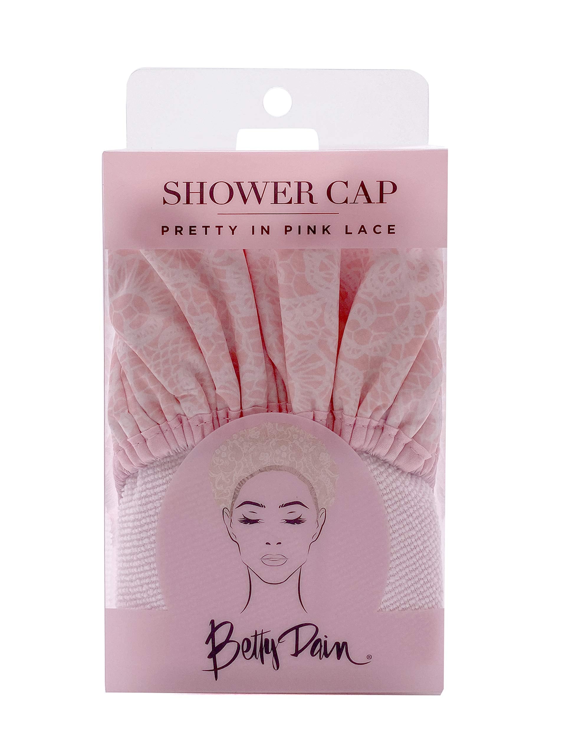 Betty Dain Socialite Collection Terry Lined Shower Cap, Waterproof Nylon Exterior, Reversible Design for Shower or Sleeping Cap, Oversized for All Hair Lengths, Elasticized Hem, Pretty In Pink Lace
