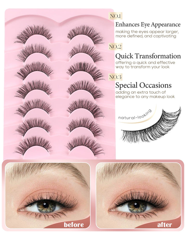 Onlyall Natural Lashes Wispy Lashes Natural Look False Eyelashes Natural Flared Eyelashes False Eye Lashes Soft Fluffy Lashes 7 Pairs T12