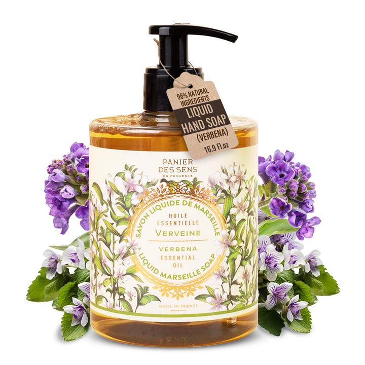 Panier des Sens - Liquid Hand Soap - Verbena Hand Wash - French Marseille Moisturizing Hand Soap with Coconut Oil - Refillable Kitchen & Bathroom Hand Soap - 97% Natural Ingredients -16.9 Fl.oz