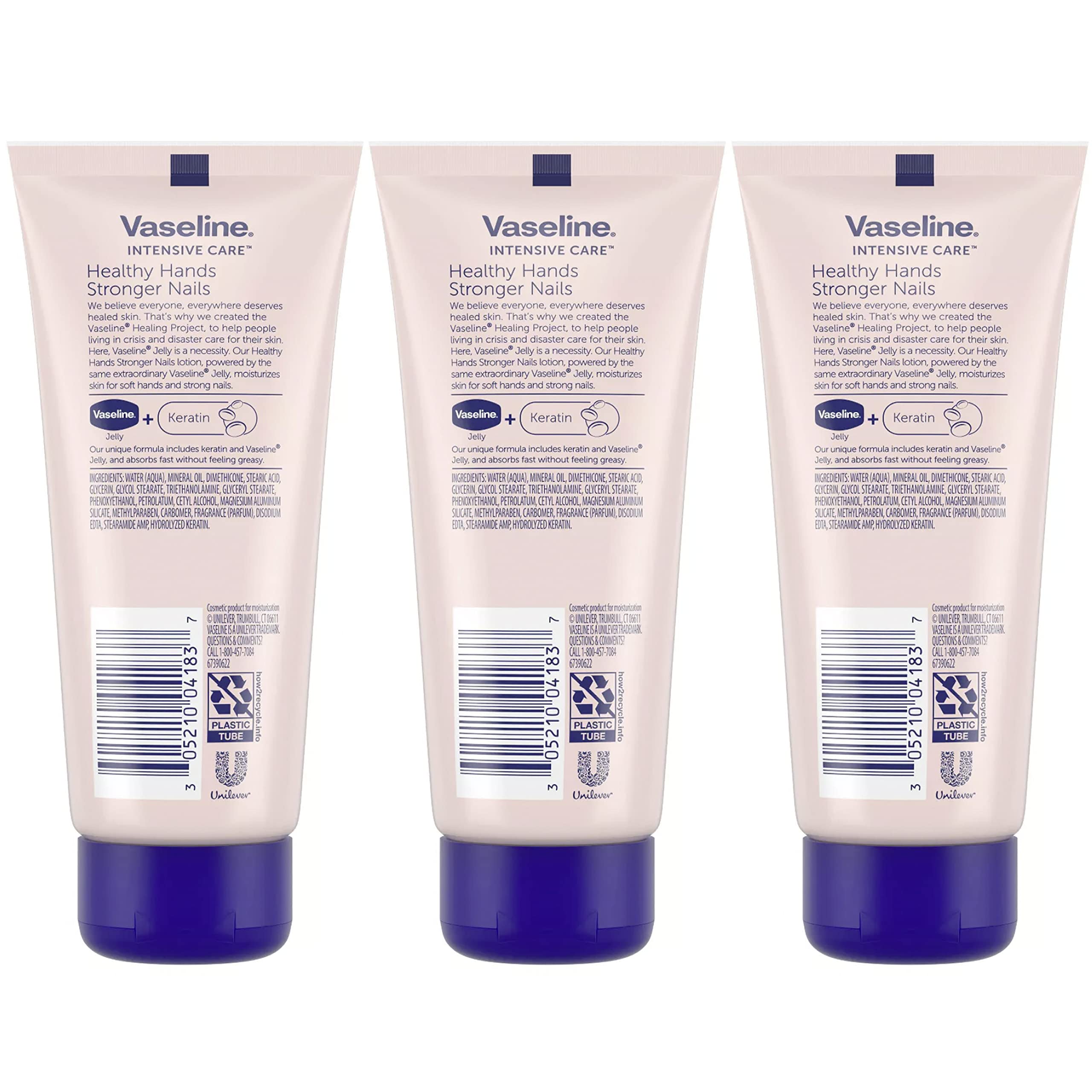 Vaseline Lotion, Healthy Hands Stronger Nails with Keratin 3-Pack – Intensive Care Hand Lotion with Petroleum Jelly, 3.4 Oz Ea
