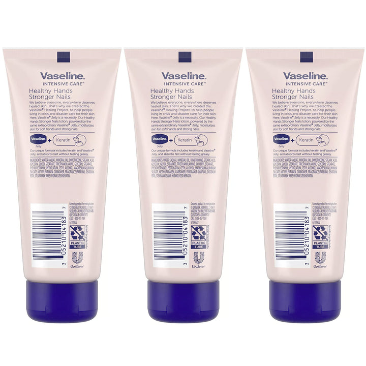 Vaseline Lotion, Healthy Hands Stronger Nails with Keratin 3-Pack – Intensive Care Hand Lotion with Petroleum Jelly, 3.4 Oz Ea