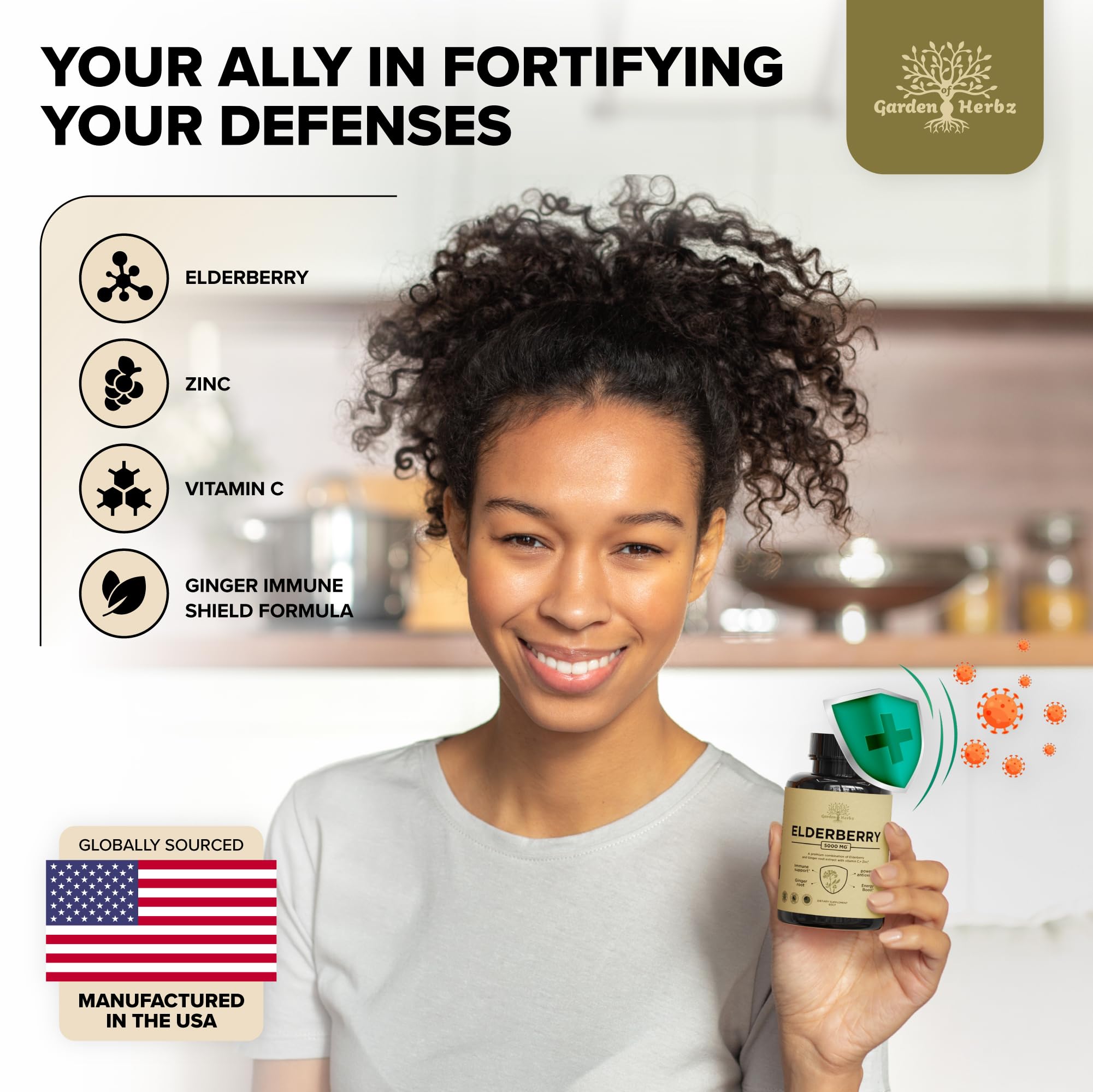 Garden of Herbz Elderberry with Vitamin C, Zinc, & Ginger – Potent Immune Booster 5000 Mg Elderberry, Zinc, & Vitamin C – Non-GMO Immunity Vitamins for Adults to Help You Feel Vibrant, 60 Caps.