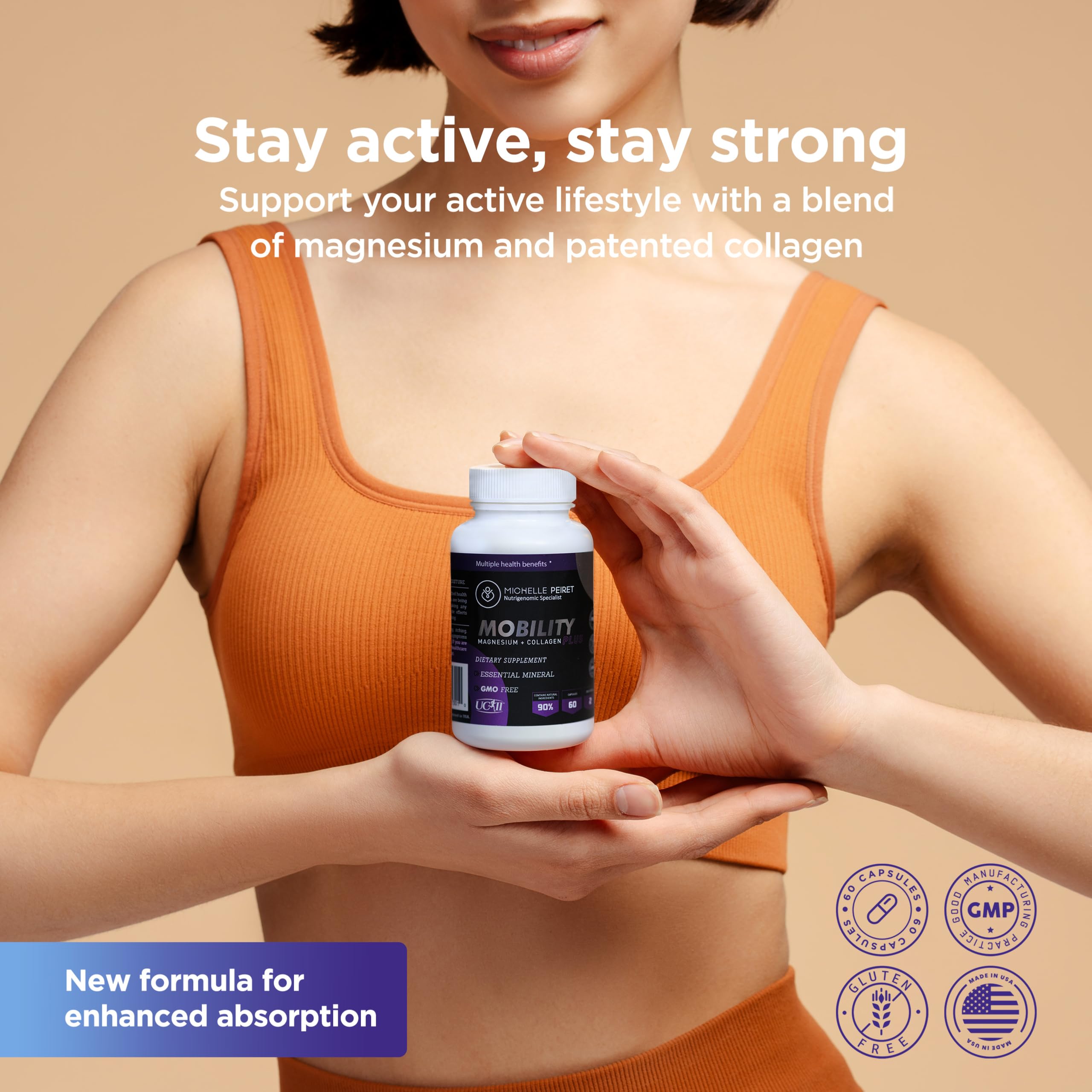 Michelle Peiret Mobility Magnesium + Collagen, Magnesium Citrate with Hyaluronic Acid & Vitamin C for Bone & Muscle Support, 60 Capsules