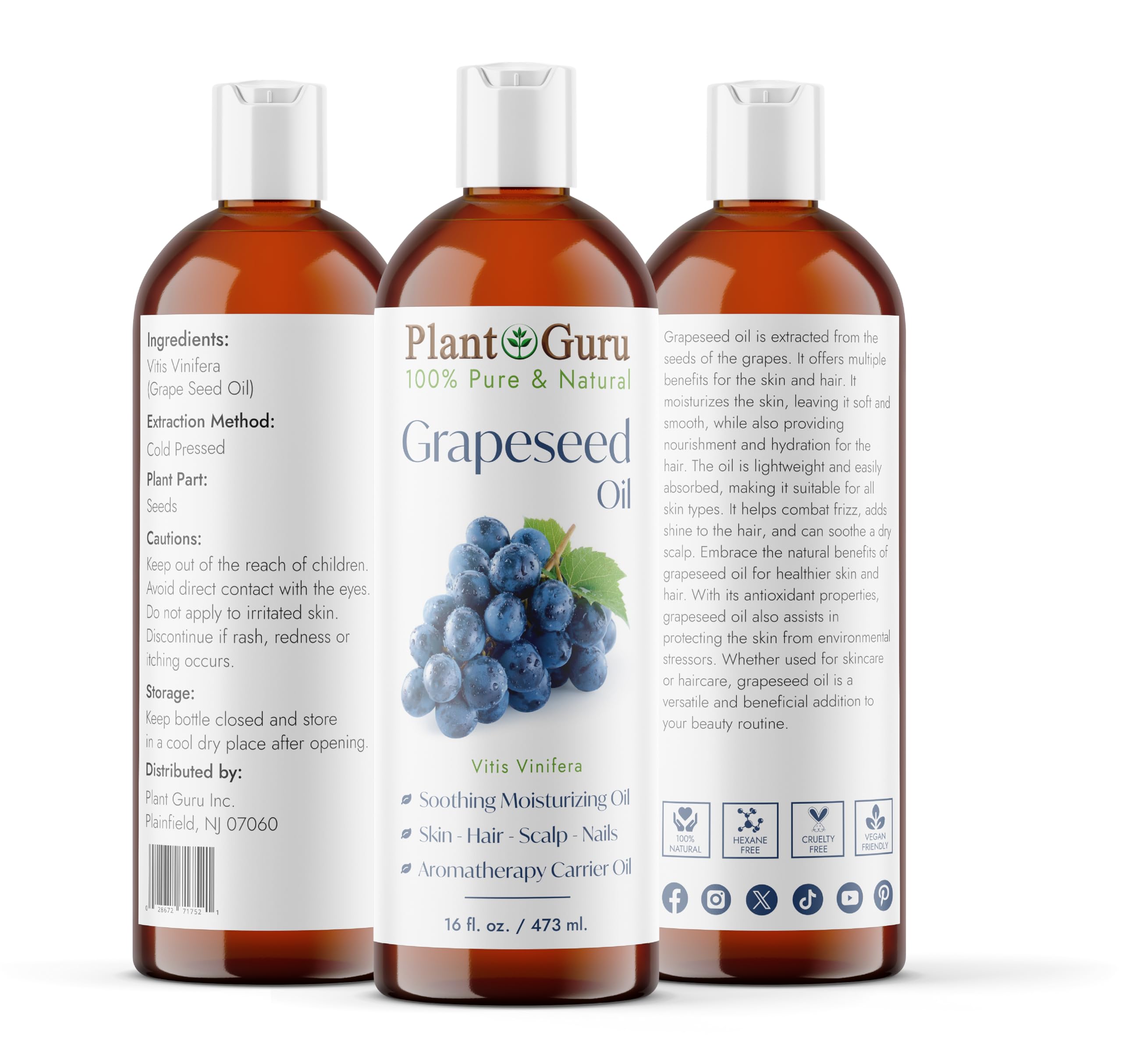 Grapeseed Oil 16 fl. oz. Cold Pressed 100% Pure Natural Carrier For Skin, Body, Face, and Hair Growth Moisturizer. Great For Creams, Lotions, Lip balm and Soap Making.