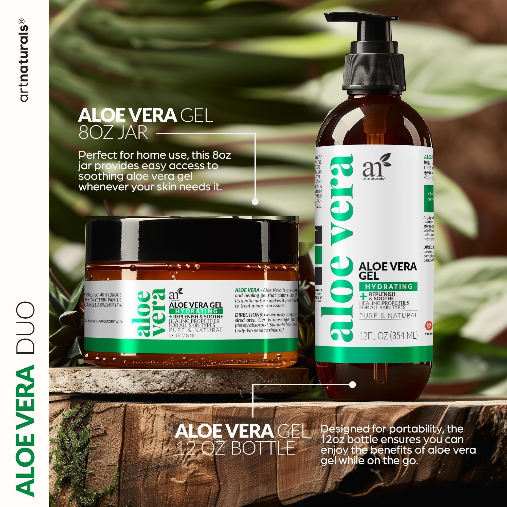 artnaturals Aloe Vera Gel Set - JUMBO 20oz (99% Pure Organic) - Sunburn Relief & Hydration for Face, Body, Scalp & Hair - Calming Moisturizer After Sun Exposure - Freshly Harvested within 12 Hours