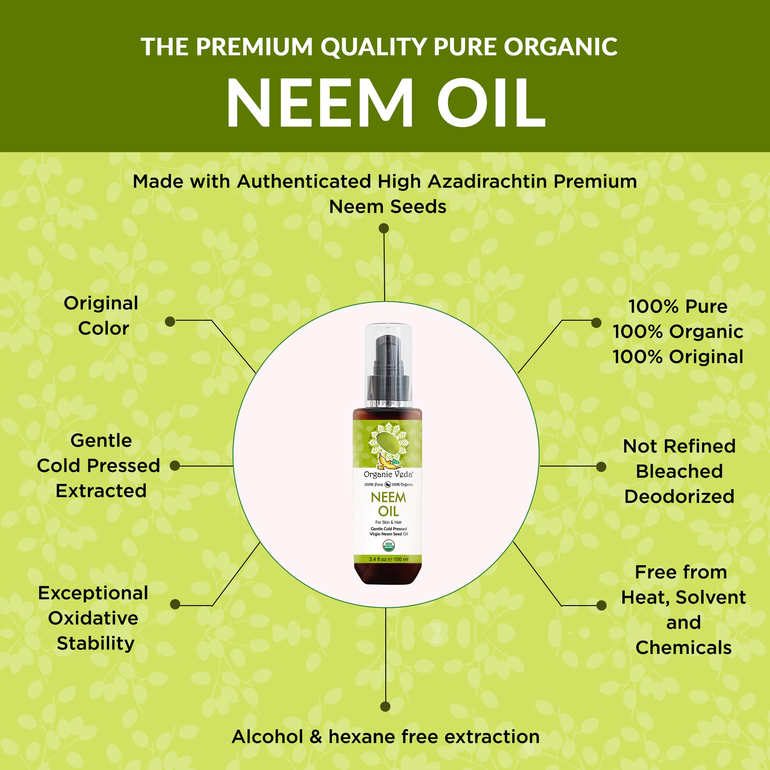 Organic Veda Neem Oil - Pure, Cold Pressed & Organic Neem Oil for Skin, Hair, Face, Body, Scalp - Natural Moisturizer, Virgin Neem seed oil - Rich in Vitamin E, Fatty Acids, Antioxidants - 3.4 fl oz