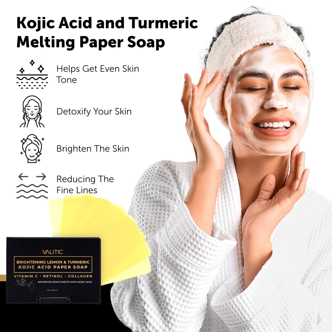 VALITIC Brightening Lemon Turmeric Kojic Acid Paper Soap - Vitamin C, Retinol, Collagen - Original Japanese Complex - Hyaluronic Acid, Vitamin E, Shea Butter, Castile Olive Oil - 3 Pack
