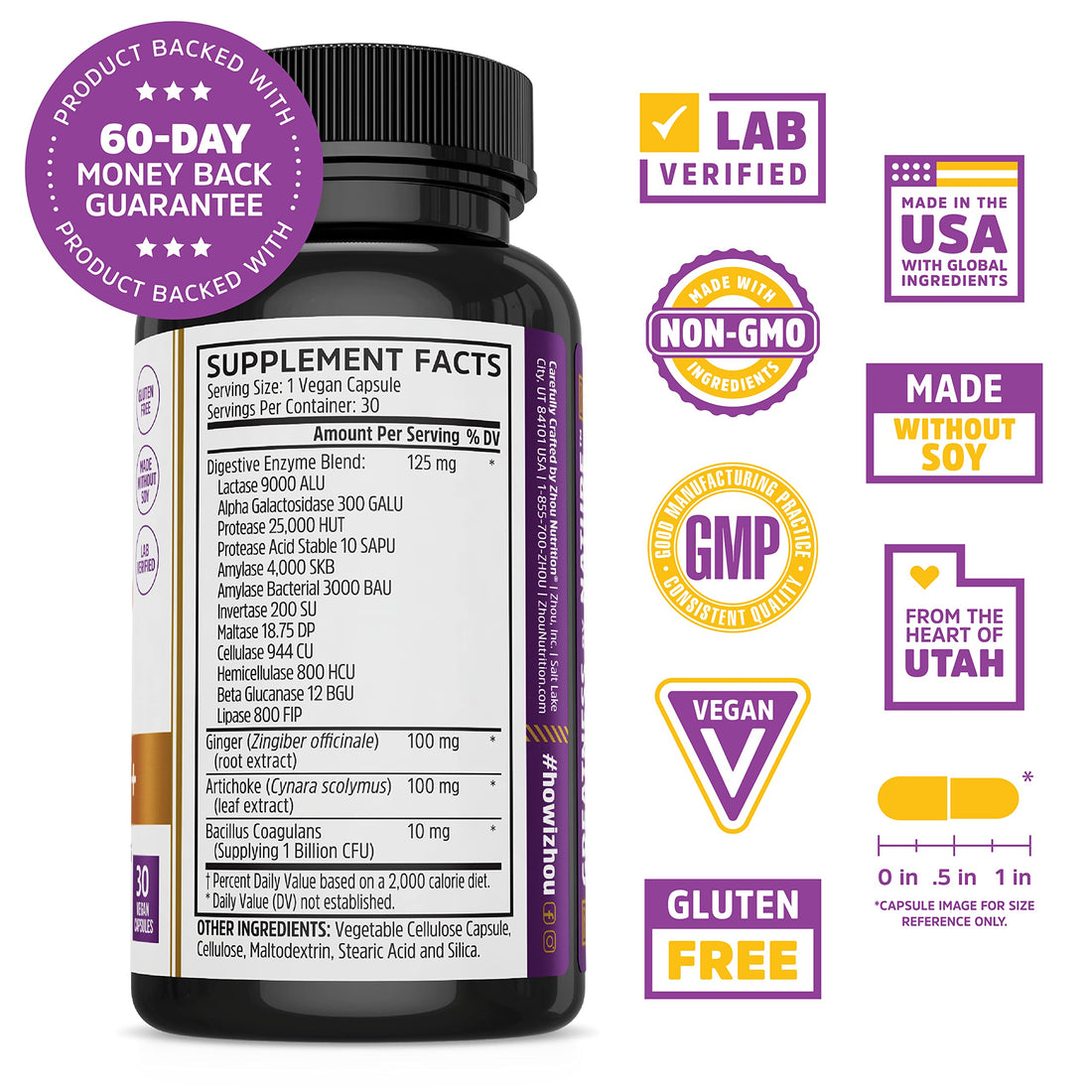 Zhou Nutrition Bloat Blast+ Digestive Enzymes with Probiotics, Bloating Relief for Women and Men, Reduce Water Retention and Improve Digestive Health, Vegan, Non-GMO, Gluten Free, 30 Servings