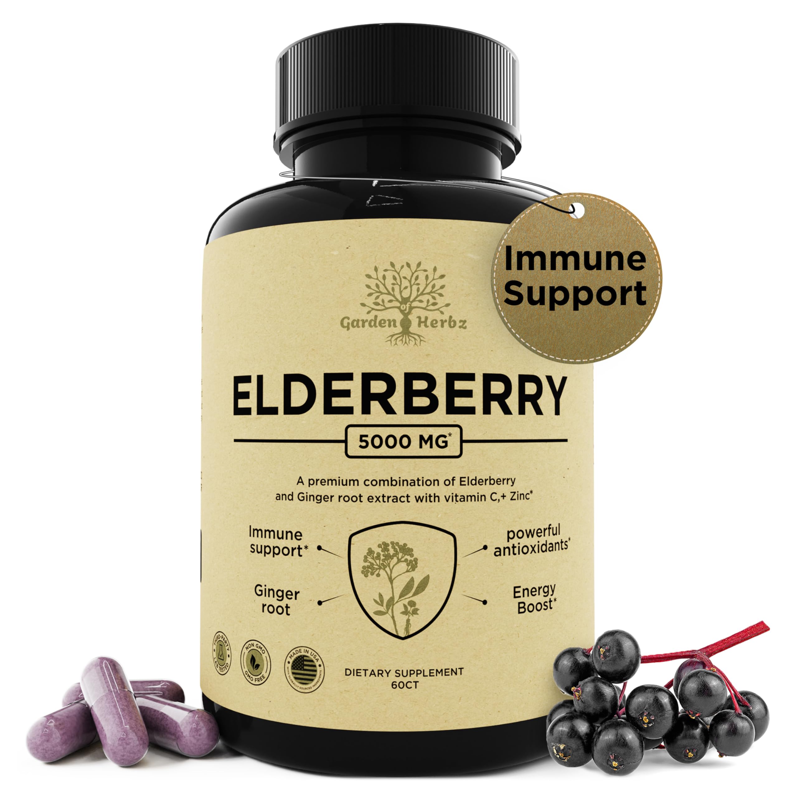 Garden of Herbz Elderberry with Vitamin C, Zinc, & Ginger – Potent Immune Booster 5000 Mg Elderberry, Zinc, & Vitamin C – Non-GMO Immunity Vitamins for Adults to Help You Feel Vibrant, 60 Caps.
