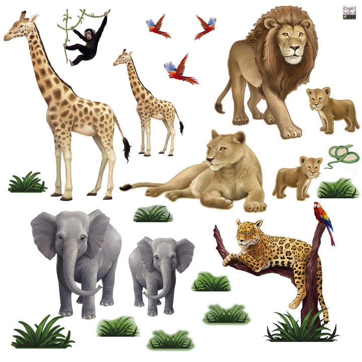 Small Jungle Animal Wall Decals (23) Lion, Elephant, Giraffe, Jaguar, Monkey Peel & Stick Wild Jungle Safari Theme Ideas Kids Room Decor Wall Stickers Birthday Decoration