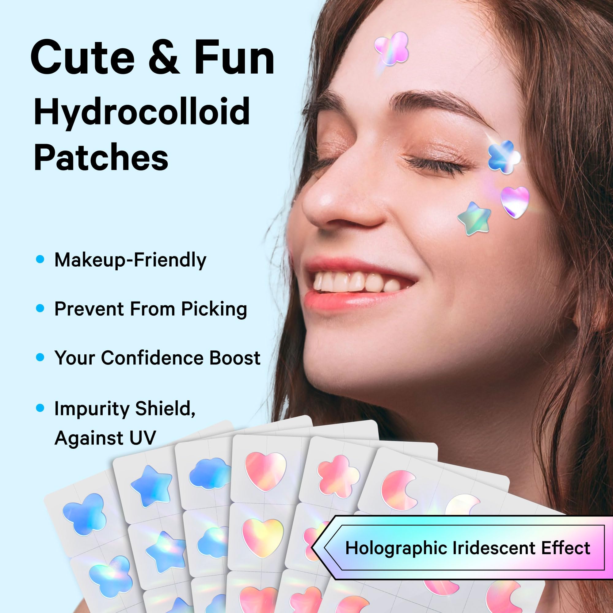 Sosky Hologram Pimple Patches for Face, Hydrocolloid Acne Patches with Salicylic Acid, Cute Star Zit Stickers,Colorful Blemish Covers,36 Count Blue Star Cloud Butterfly