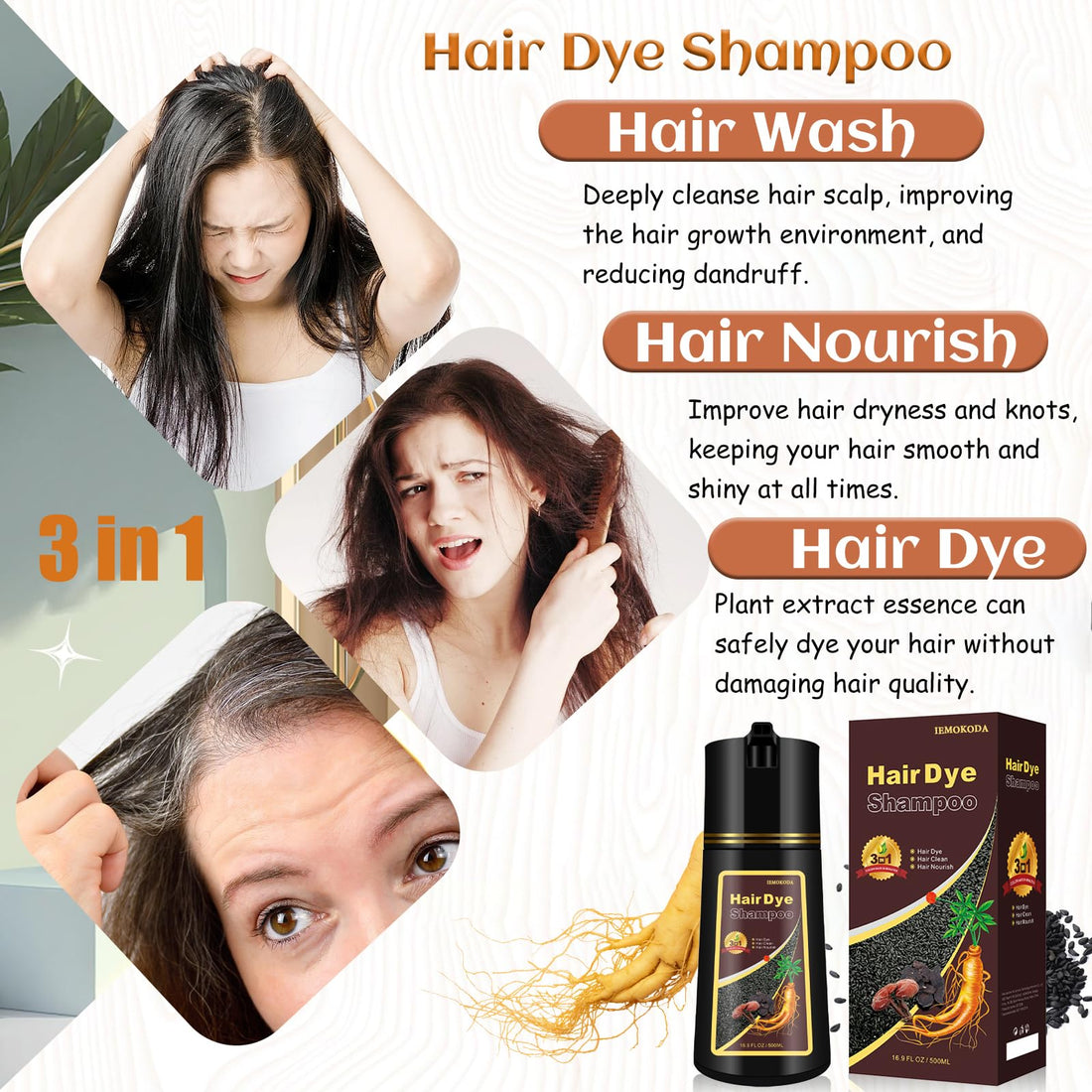 Onilyua Blonde Brown Hair Dye Shampoo, 3 in 1 Natural Hair Color Shampoo for Men & Women, Shampoo Para Canas, Long-Lasting Hair Dye Shampoo for 100% Gray Hair Coverage, 500ml