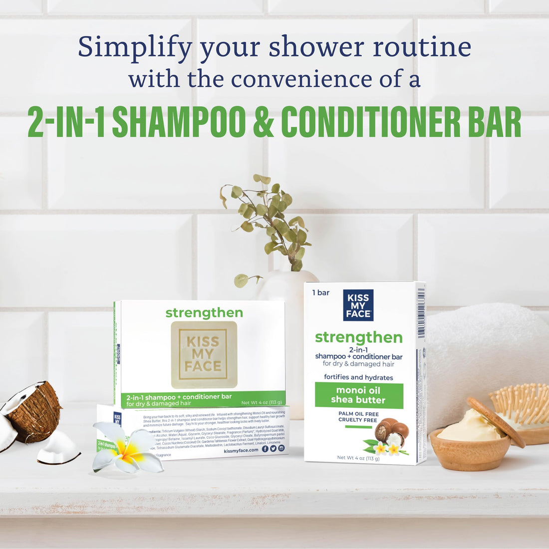 Kiss My Face 2-in-1 Shampoo + Conditioner Bar - Hydrating, Soothing, Smoothening for All Hair Types, Palm Oil-Free, Cruelty-Free with Monoi Oil and Shea Butter