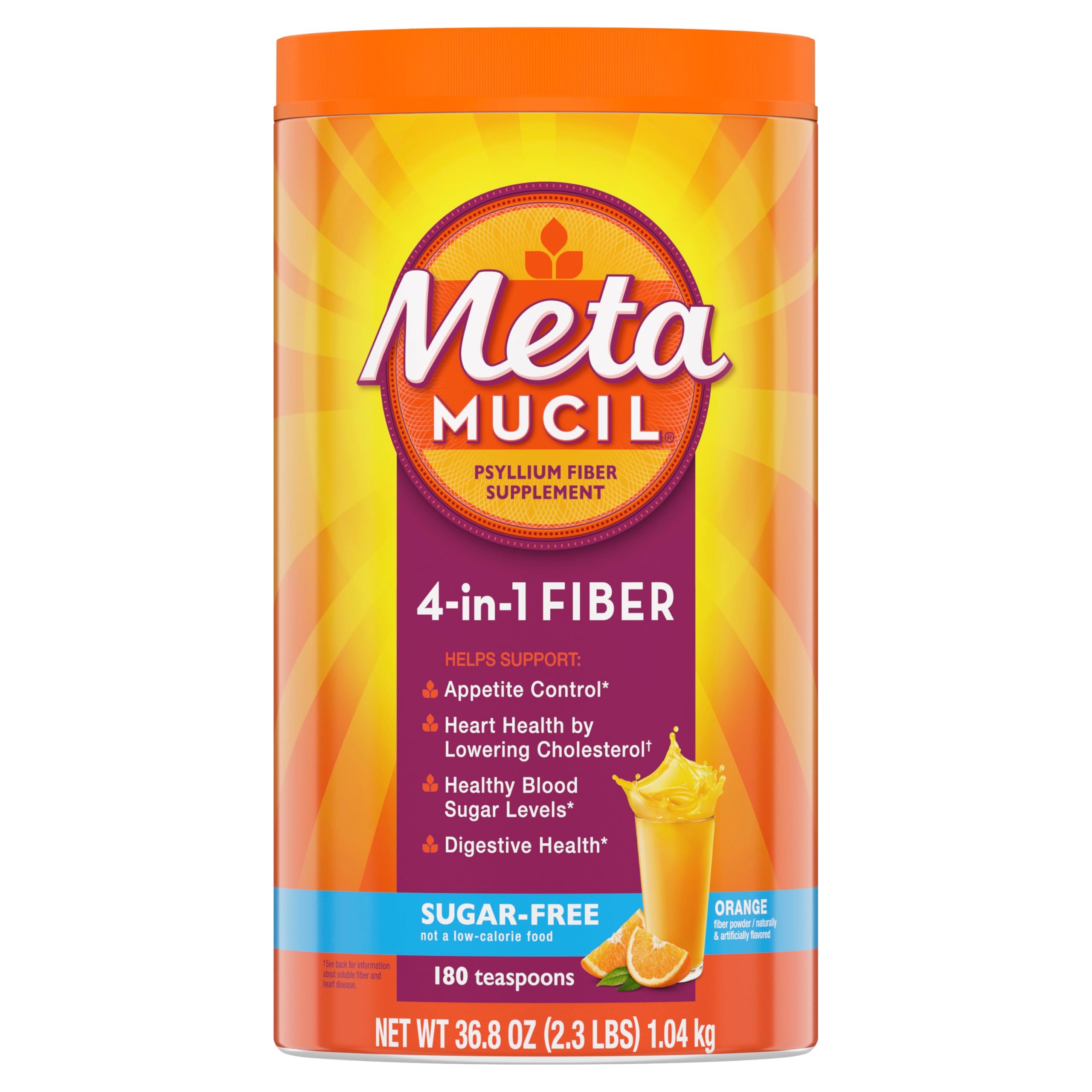 Metamucil 4 in 1 Daily Fiber Supplement Powder, Fiber Powder for Digestive Health and Regularity*, Sugar-Free, Orange, Naturally Sourced Psyllium Fiber, 180 teaspoons