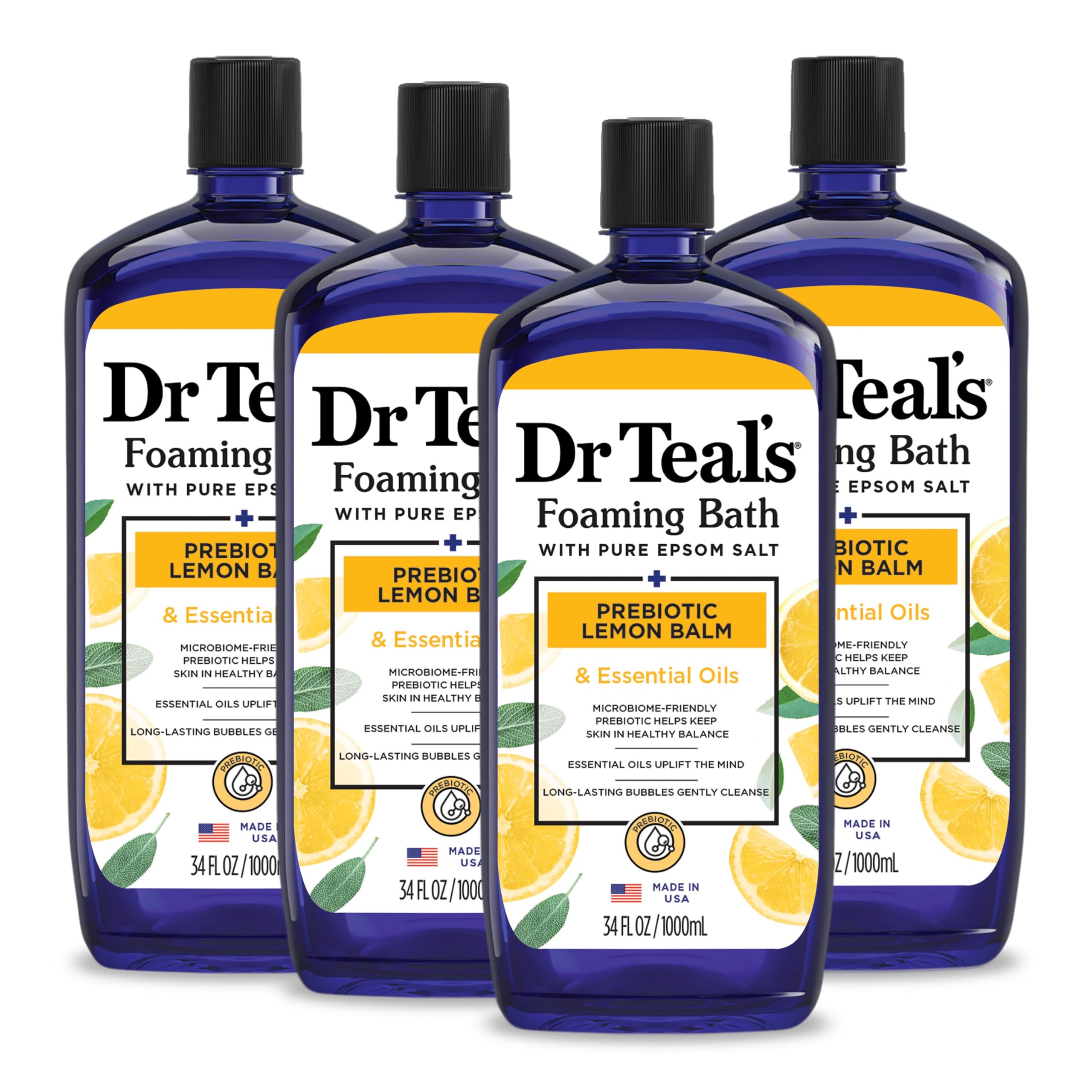Dr Teal's Foaming Bath with Pure Epsom Salt, Prebiotic Lemon Balm & Essential Oils, 34 fl oz (Pack of 4)