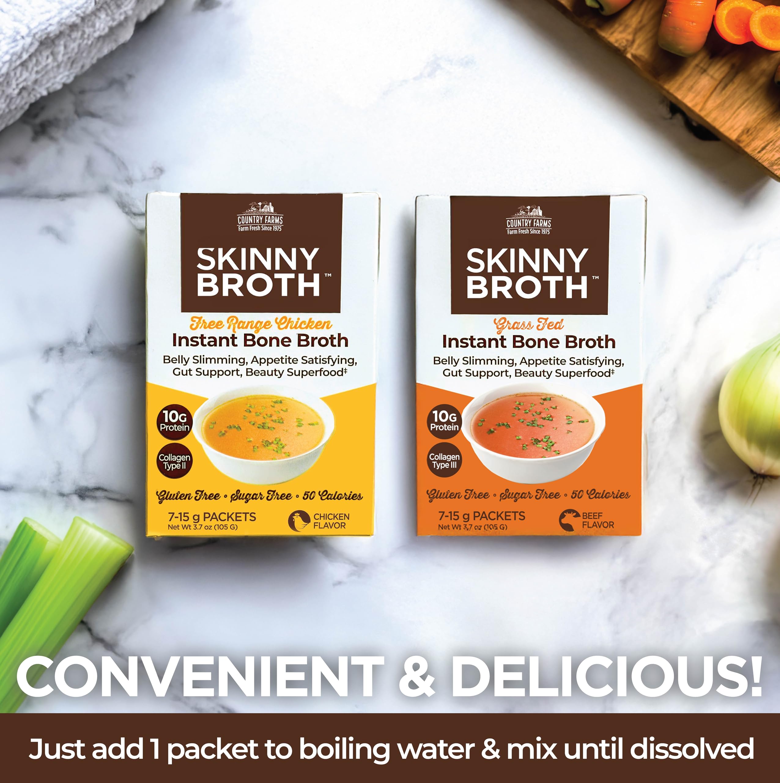 COUNTRY FARMS Skinny Broth 7-Day Plan, Instant Chicken and Beef Bone Broth, 10G Protein, Collagen Type II, Promotes Better Digestion, Bone and Joint Health, 7 Day Plan, 14-15g Packets