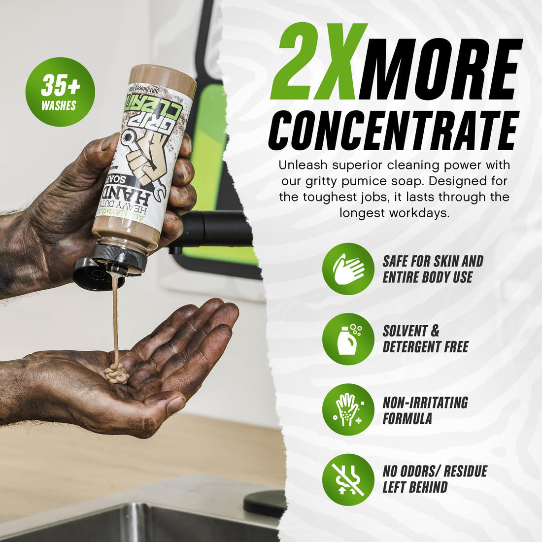 Grip Clean - Hand Cleaner for Mechanics – Heavy-Duty Mechanic Soap, Liquid Hand Soap with Natural Pumice & Clay to Absorb Tough Grease, Oil & Dirt – Moisturizing Coconut Oil, Lime Scent (8oz)