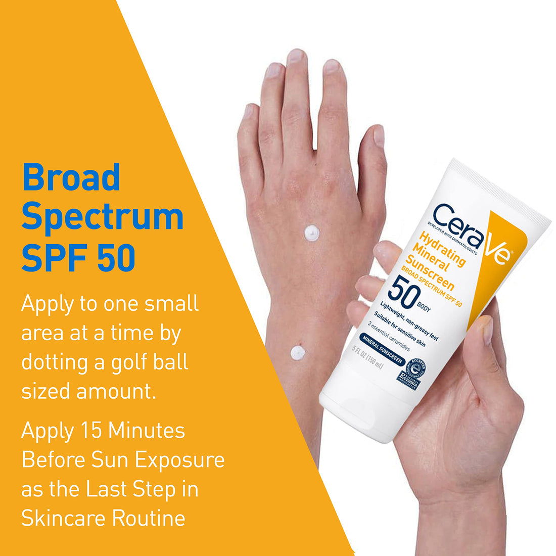 CeraVe 100% Mineral Sunscreen SPF 50 | Body Sunscreen with Zinc Oxide & Titanium Dioxide | Hyaluronic Acid & Ceramides | Oil Free & Non-Greasy | Hydrating Mineral Sunscreen For Body | 5 oz