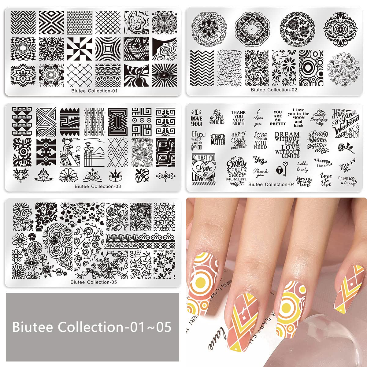 A : Biutee 19pcs Nail Stamp Plates set 15 plate 1Stamper 2Scraper 1storage bag Nails Art Stamping Plate Scraper Stamper Set Leaves Flowers Animal Nail plate Template Image Plate