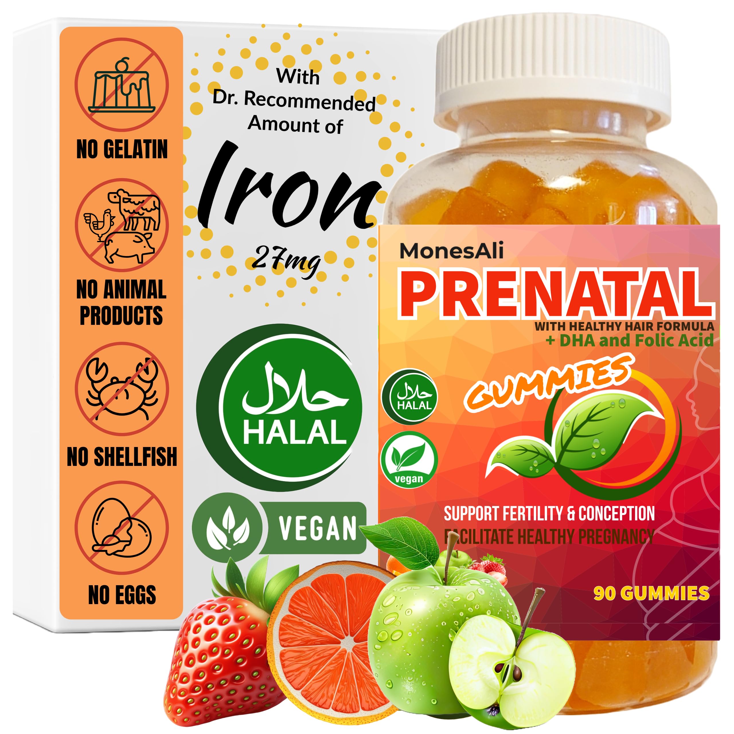 MonesAli Supplemens, Halal Prenatal Vitamins for Women, Womens Multivitamin Gummy, Gelatin Free with Iron DHA Folate and folic Acid, Vegan Prenatal Vitamins Gummies, Pregnancy Must Haves, 90 Count