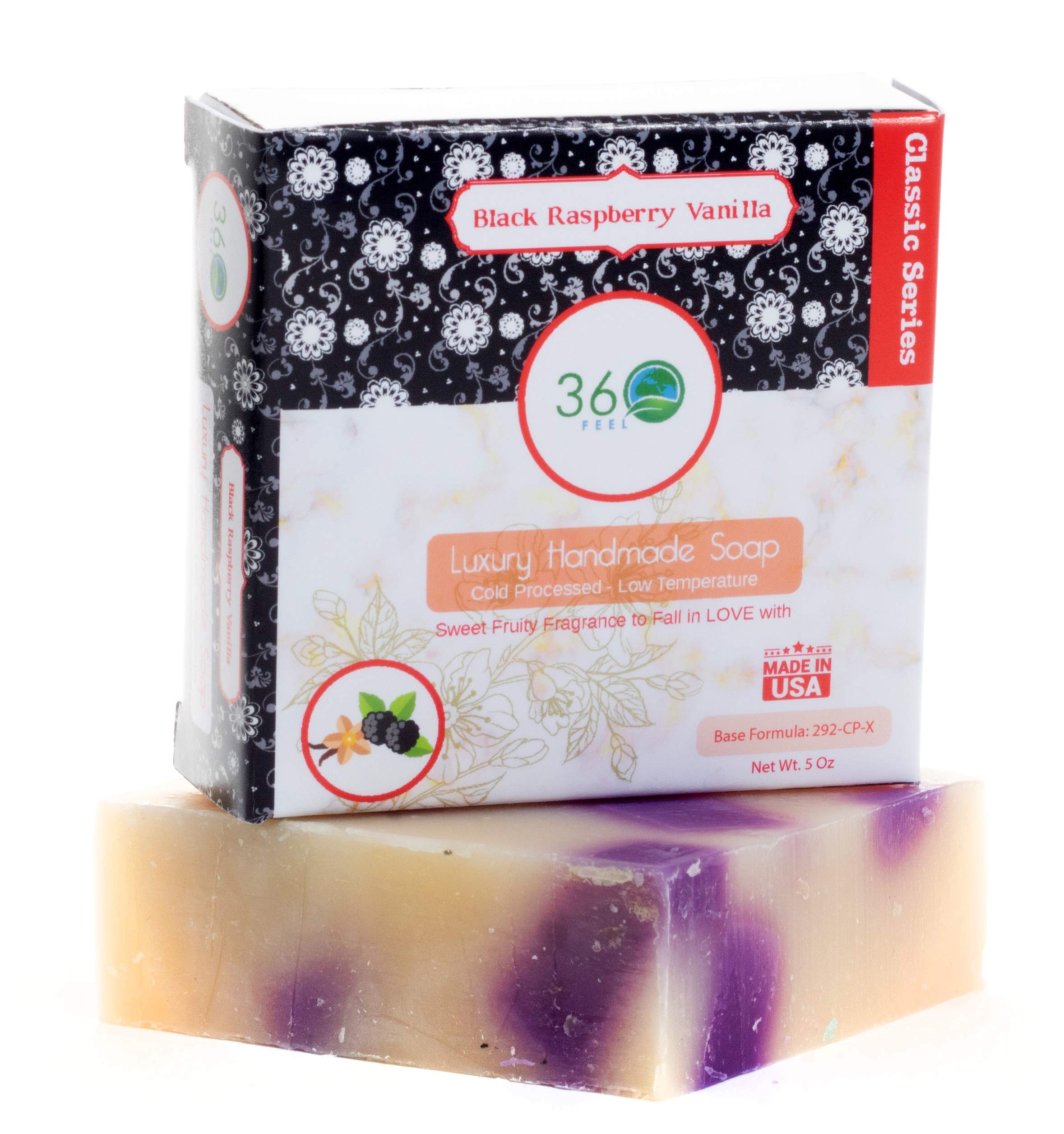 360Feel Black Raspberry Soap -5oz Castile Handmade Soap bar -Sweet Fruity fragrance- Pure Essential Oil Natural Soaps- Great as Anniversary Wedding Gifts - Made in USA-Gift ready