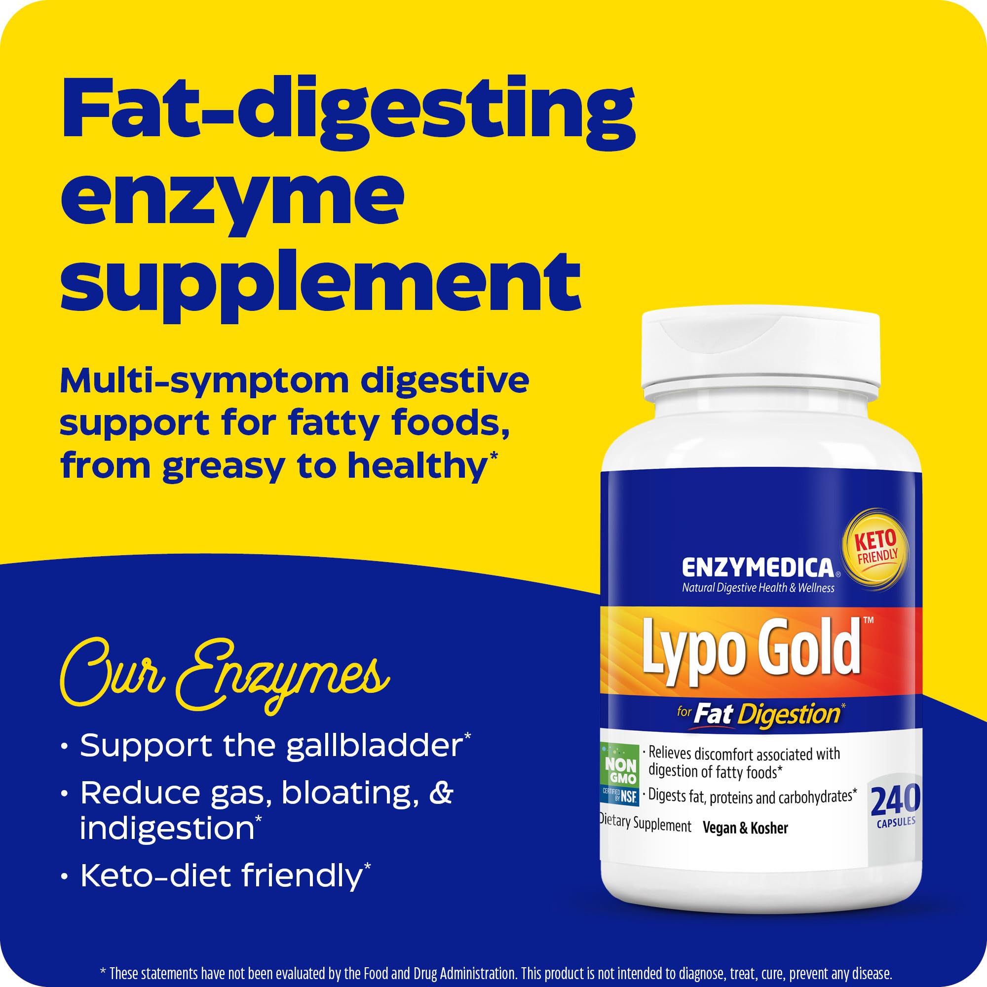 Enzymedica Lypo Gold, Digestive Enzymes for Fat Digestion, Offers Fast Acting Gas & Bloating Relief, 240 Count