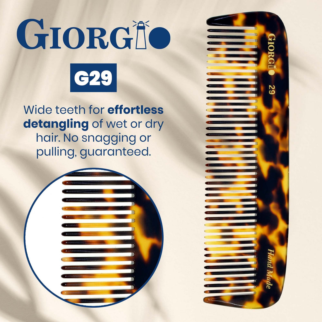 Giorgio G29 All Coarse Hair Detangling Comb Wide Teeth Pocket Comb for Thick Curly Wavy Hair. Hair Detangler Comb for Grooming Styling Hair, Beard and Mustache. Handmade Saw-Cut and Hand Polished