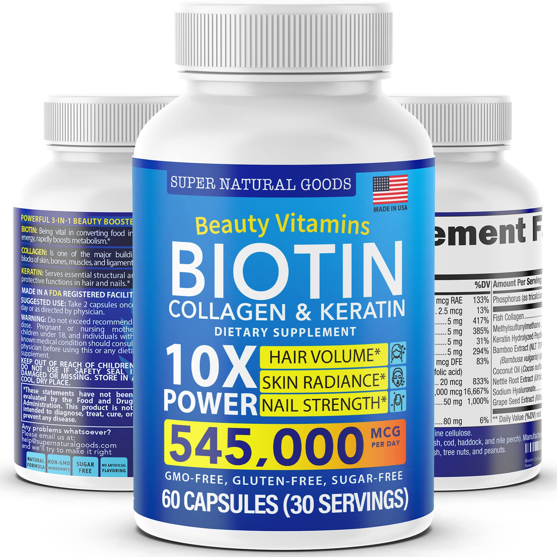 Biotin and Collagen Vitamins + Keratin with Folate - Hair Loss Treatments for Women & Men - Follicle, Skin and Nails Supplements for Hair Growth & Postpartum Support - GMO Free & Gluten Free (60 Caps)