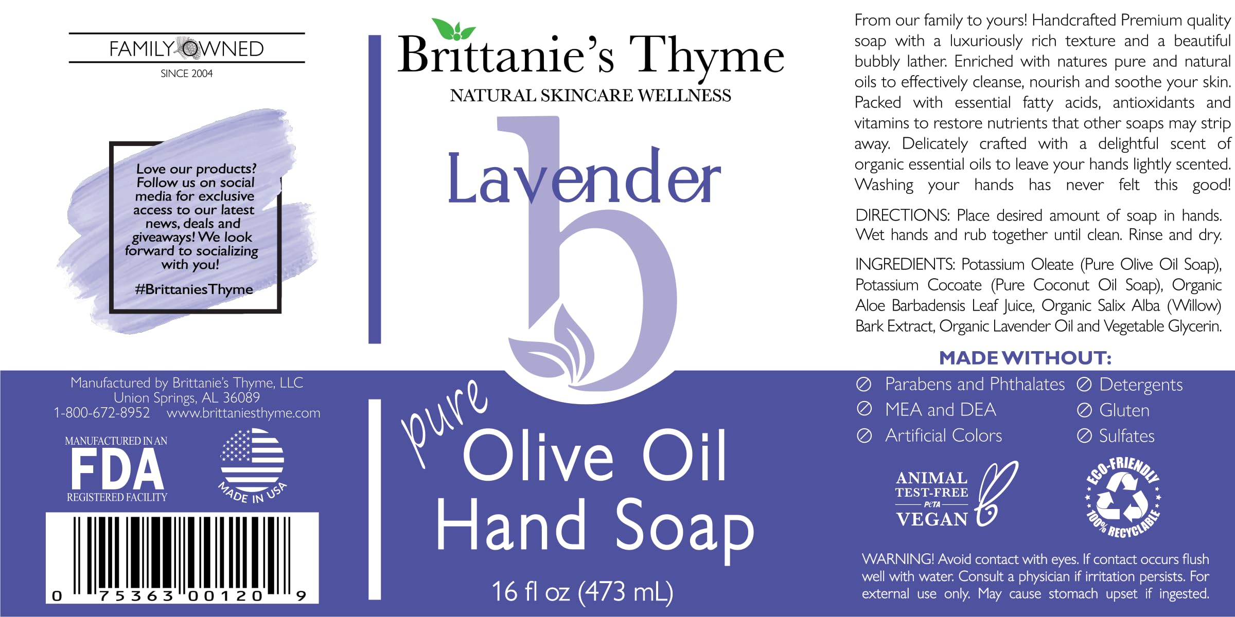 Brittanie27s Thyme Lavender: Organic Hand Soap, Lavender, 16 Oz - Made Olive Oil And Natural Luxurious Essential Oils. Vegan & Gluten Free