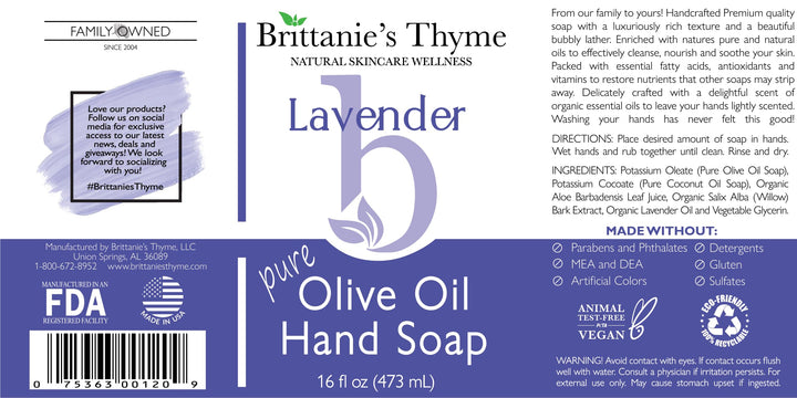 Brittanie27s Thyme Lavender: Organic Hand Soap, Lavender, 16 Oz - Made Olive Oil And Natural Luxurious Essential Oils. Vegan & Gluten Free