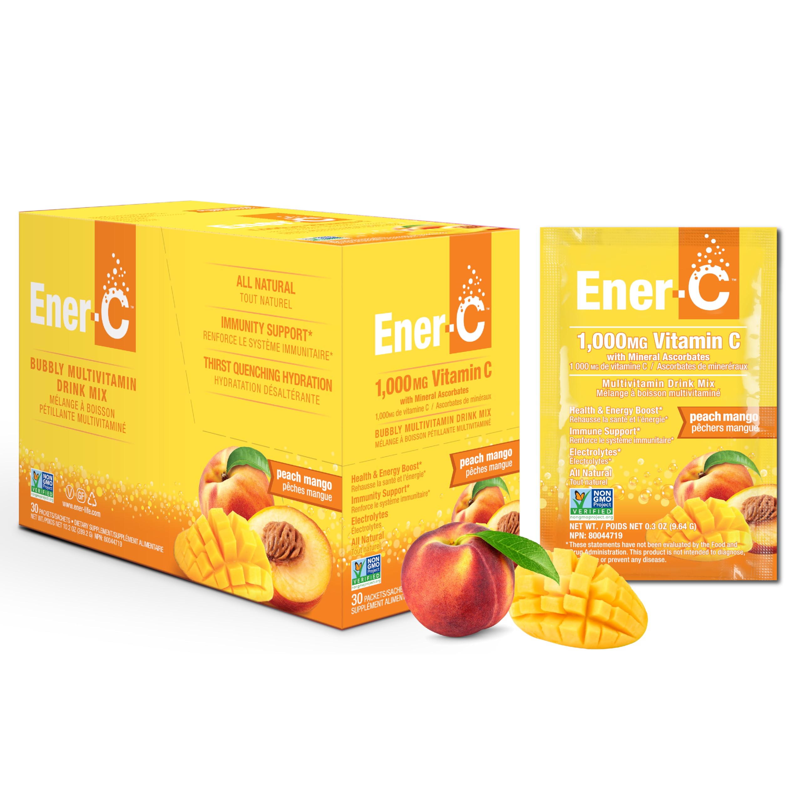 Ener-C Peach Mango Multivitamin Drink Mix Powder Vitamin C 1000mg & Electrolytes with Real Fruit Juice Natural Energy & Immune Support for Women & Men - Non-GMO Vegan & Gluten Free - 30 Count