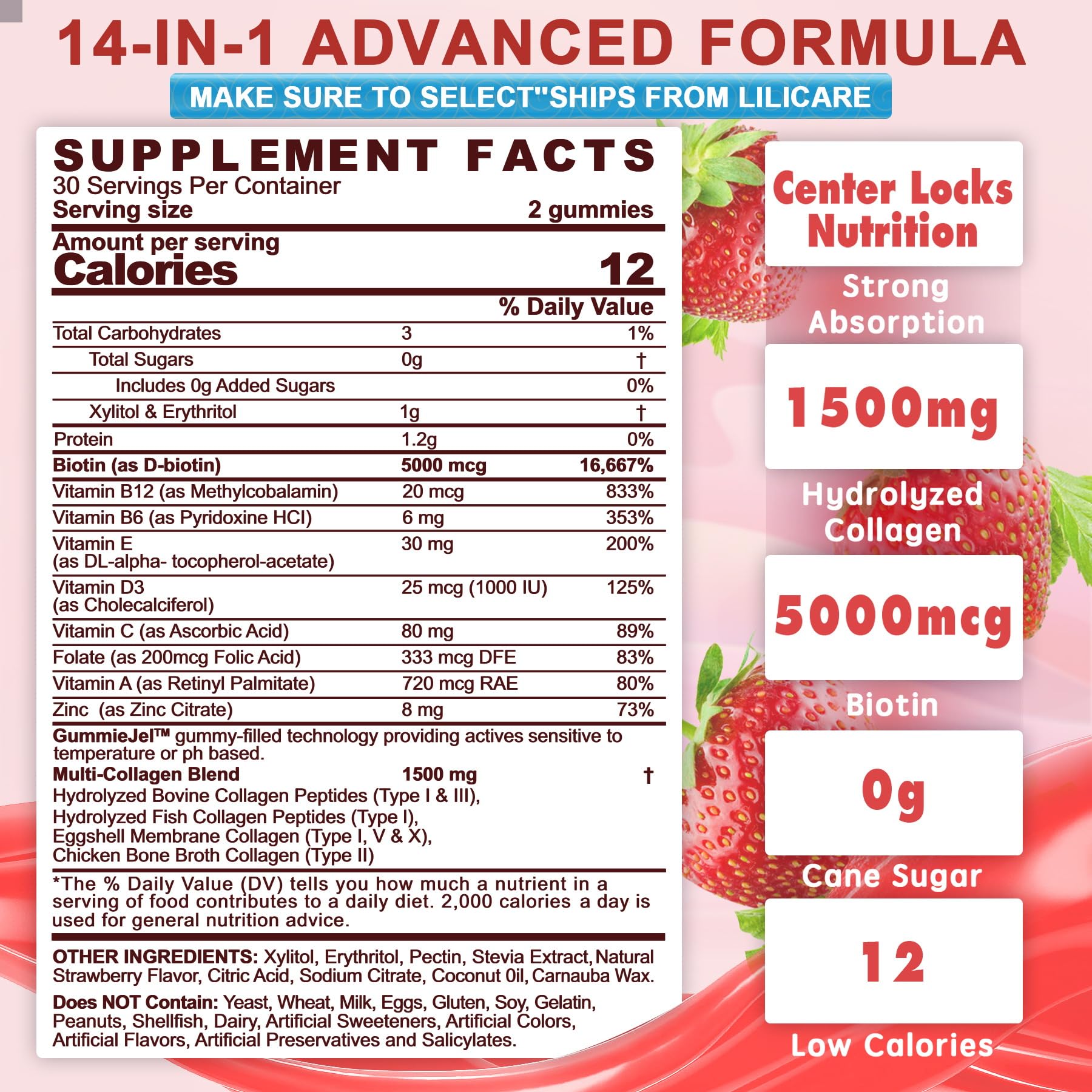 2Pack Sugar-Free Hydrolyzed Collagen Peptide Filled Gummies for Women & Men, with 1500mg Protein Type I,II,III,V,X, 5000mcg Biotin Vitamin C A E D3 B6 B12 for Immune Digestion Skin Hair Nails, Bone