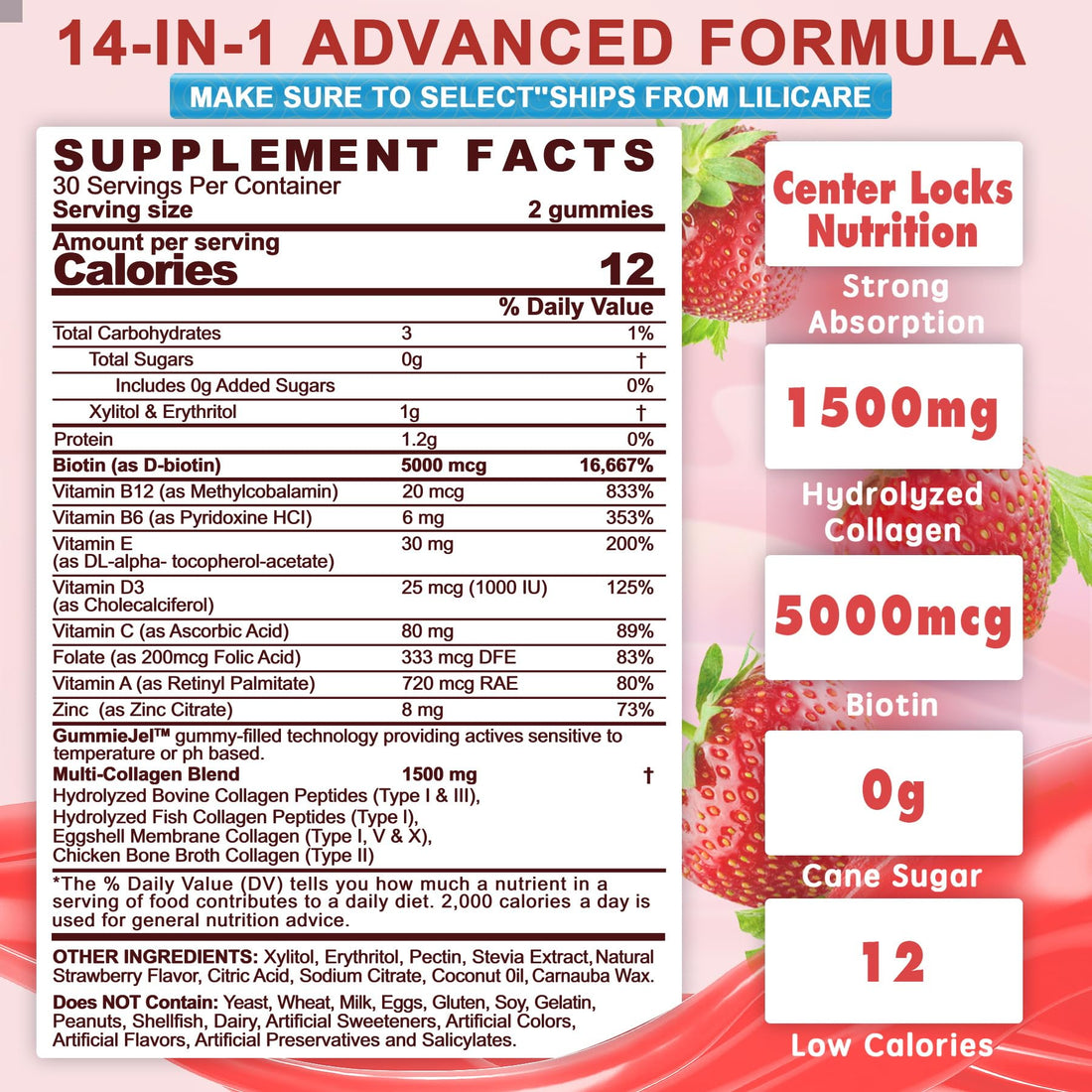 2Pack Sugar-Free Hydrolyzed Collagen Peptide Filled Gummies for Women & Men, with 1500mg Protein Type I,II,III,V,X, 5000mcg Biotin Vitamin C A E D3 B6 B12 for Immune Digestion Skin Hair Nails, Bone
