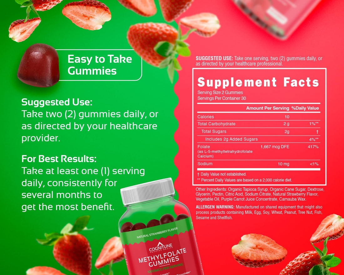 CogniTune Methylfolate Gummies - Easy to Take High Potency L-Methylfolate, Folate Supplement for Brain, Heart Health & Immunity, Delicious Strawberry Flavor, Non-GMO, Vegan, Gluten-Free
