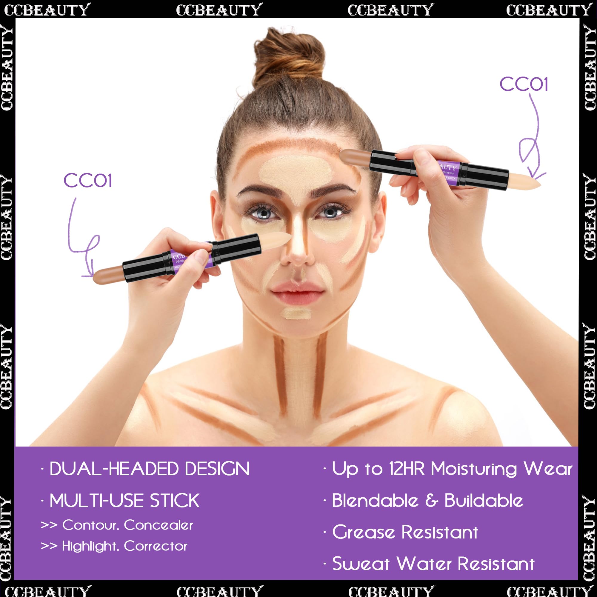 CCbeauty 2-IN-1 Matte Contour Stick,Cream Dual Highlight Concealer Stick, Highlighting & Contouring Kit, Bronzer Highlighter Sticks for Face Shaping Makeup, Long Lasting & Waterproof