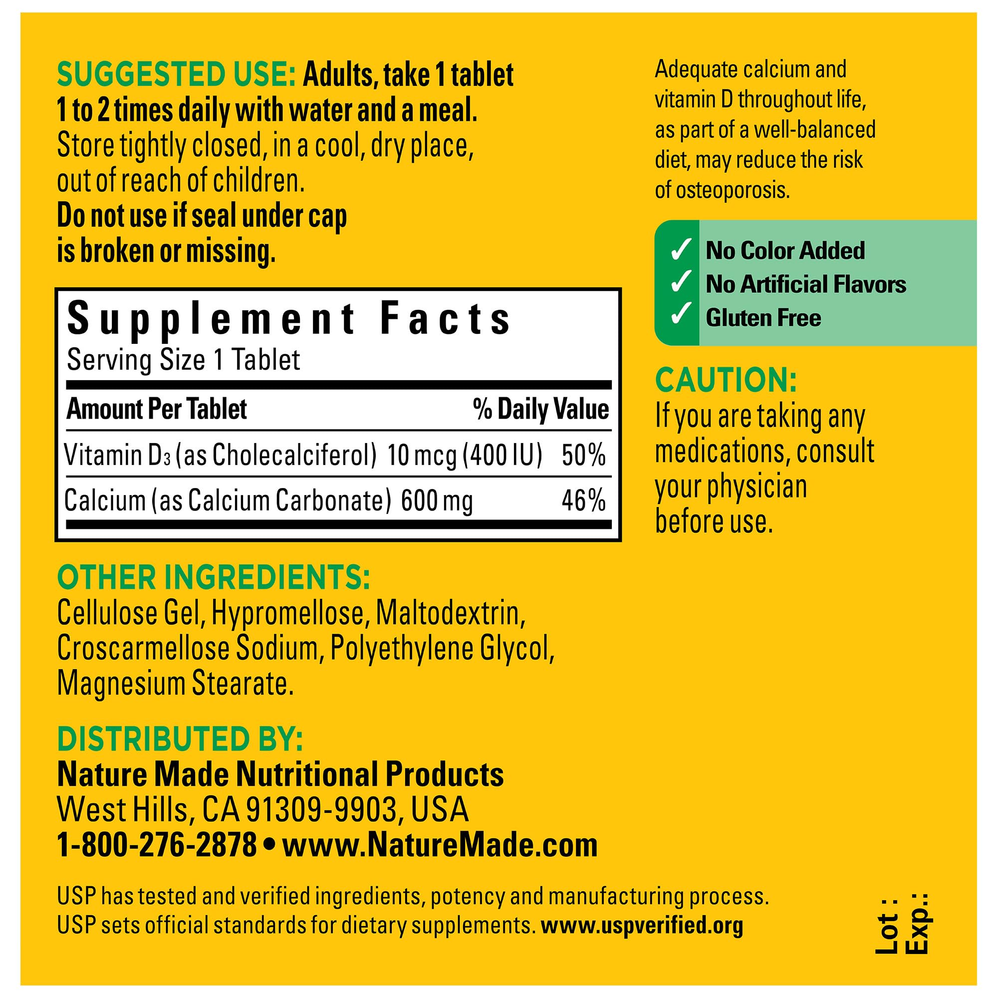 Nature Made Calcium 600 mg with Vitamin D3, Dietary Supplement for Bone Support, 60 Tablets