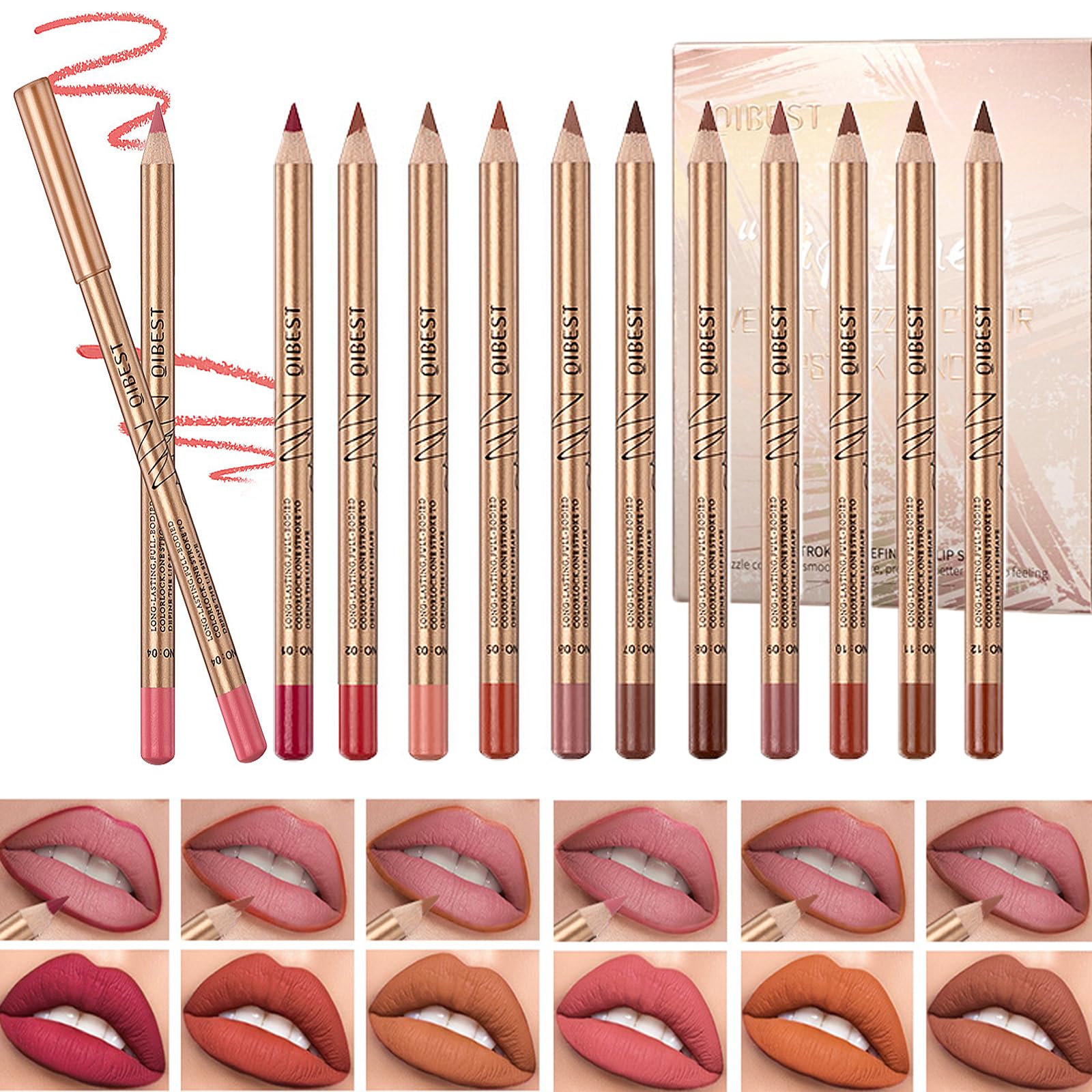 DENESTUP 12 Colors Lip Liner Set, Brown Pink Red Series Lip Liners, Plump Nude Lip Shape No Smudge Longwear Smooth Lip Pen Waterproof Lipstick High Pigmented Natural Lip Makeup Pencil