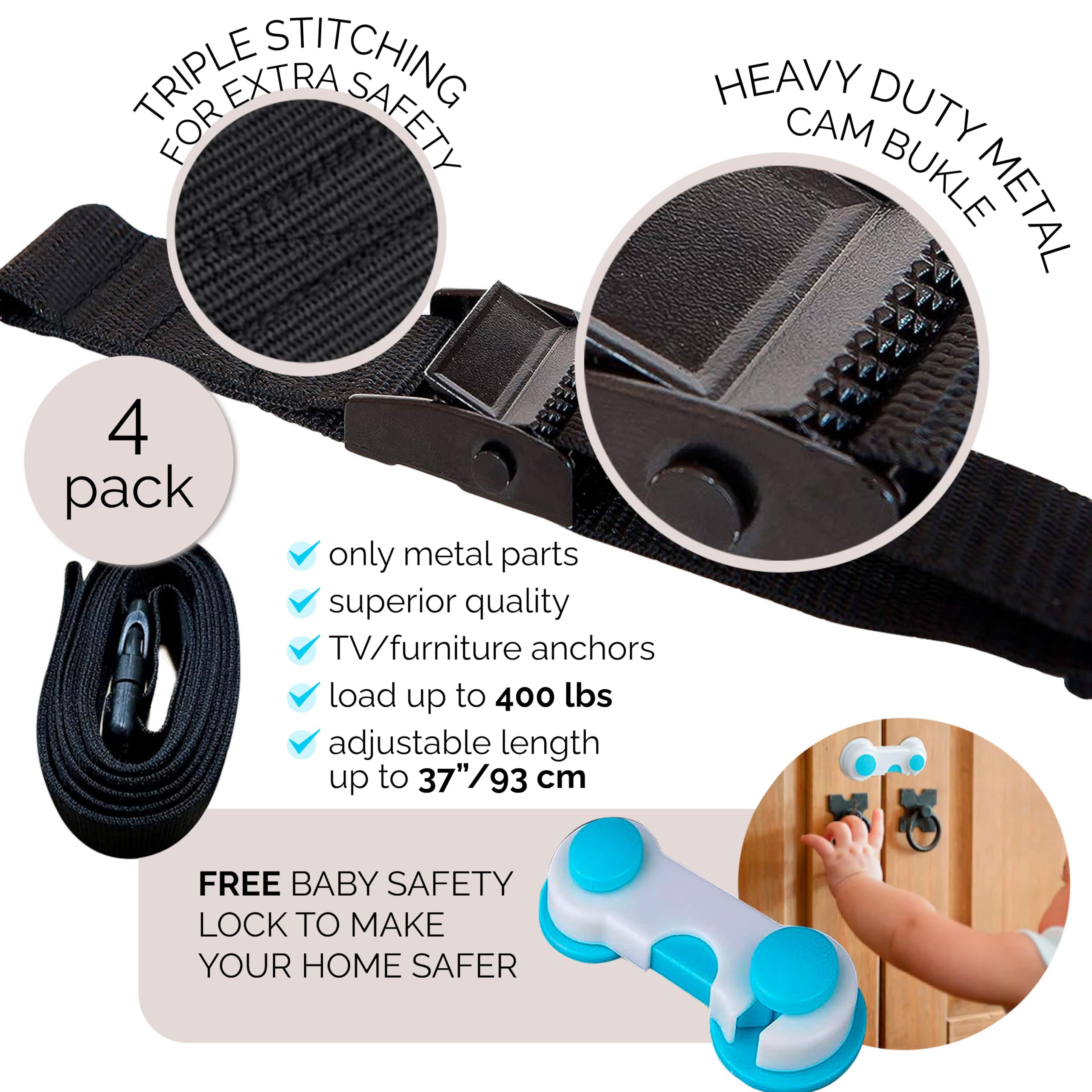 Family Care TV Safety Straps 4 Pack+Gift - Metal Furniture Straps for Baby Proofing - TV Straps Safety for Flat Screen - Earthquake Straps for Bookcases - Furniture Anchors Anti Tip Kit