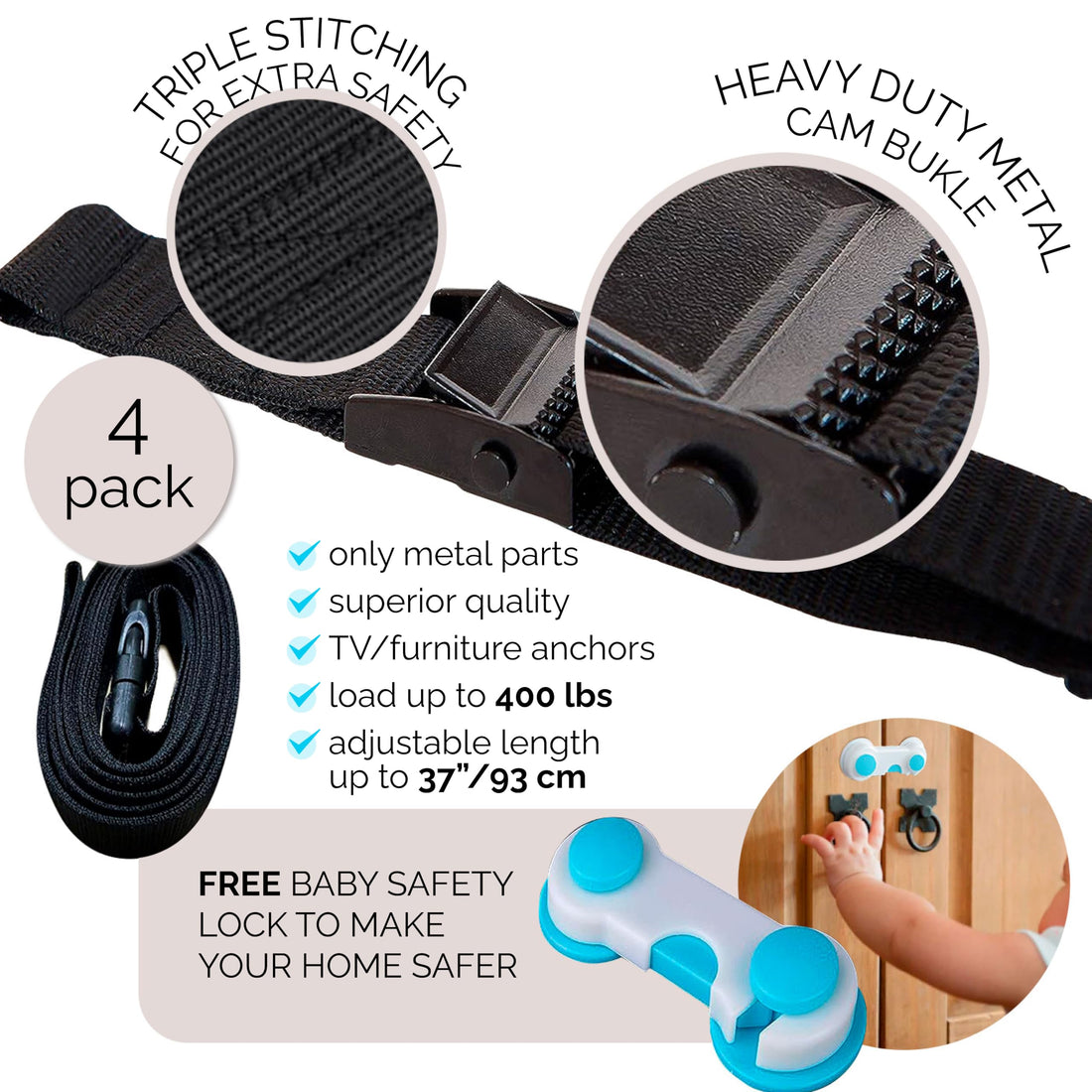 Family Care TV Safety Straps 4 Pack+Gift - Metal Furniture Straps for Baby Proofing - TV Straps Safety for Flat Screen - Earthquake Straps for Bookcases - Furniture Anchors Anti Tip Kit