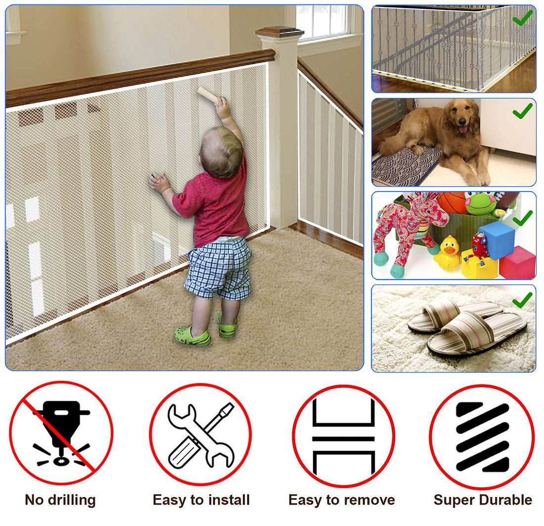 JIFTOK Baby Gate for Stairs, Banister Guard for Kids, Pets, Toys, 15ft L x 2.66 ft H, Mesh Netting Safety Net for Balcony Rail Stair, Stairway Net Baby Safety Products for Indoor & Outdoor (White)
