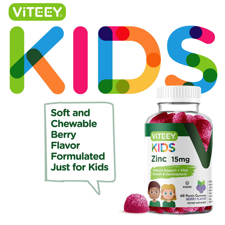 Zinc for Kids Gummies, 15mg - Immune Support for Kids & Teens - Powerful Natural Antioxidant, Kids Zinc Vitamin Supplement - Vegan, Gelatin Free, Gluten Free - Tasty Chewable Berry Flavor Gummy