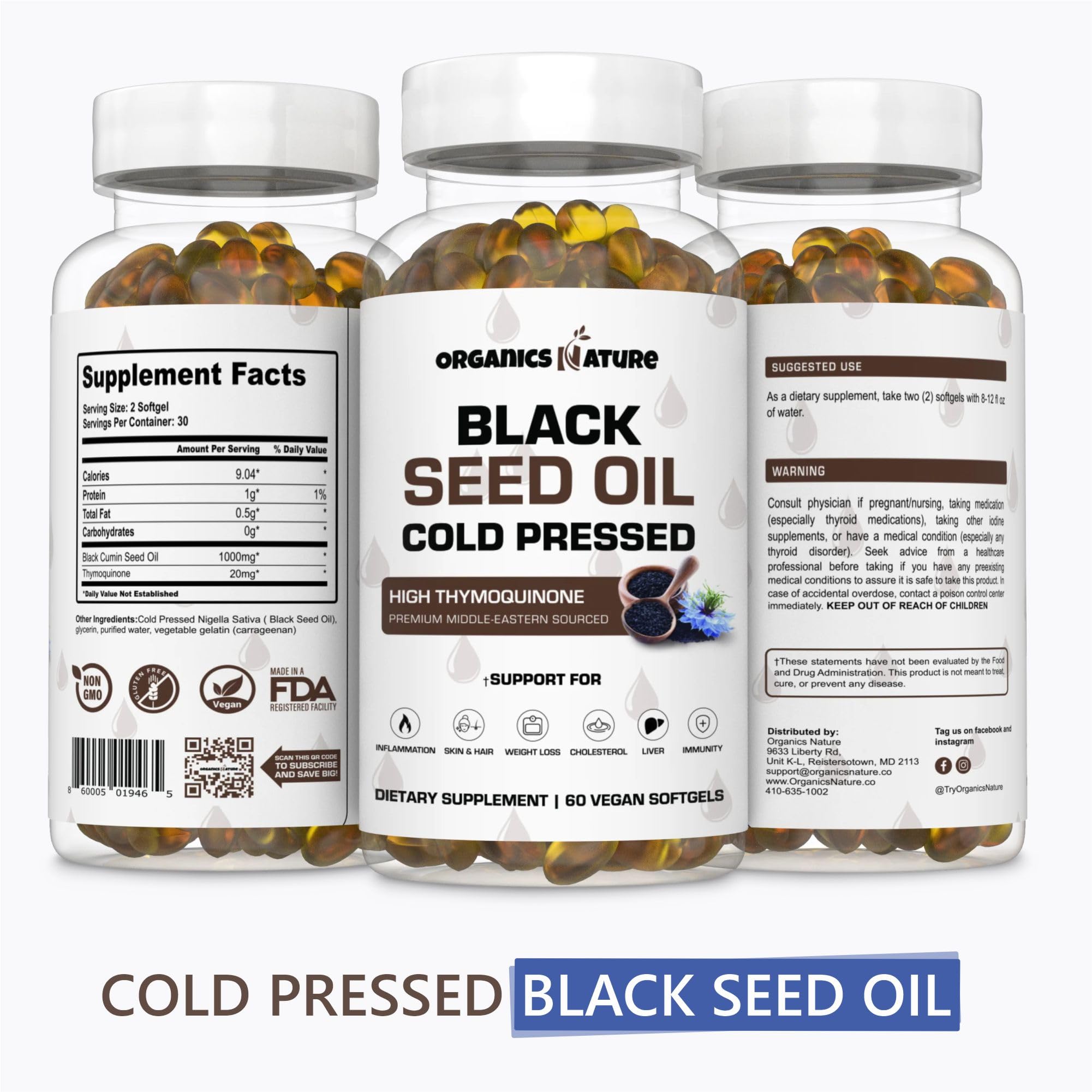 ORGANICS NATURE Black Seed Oil Capsules 1000MG Vegan Softgels, for Hair & Skin, Heart Support, Nigella Sativa - 100% Cold Pressed Cumin Seed Oil Capsules High Thymoquinone, Omega 3s