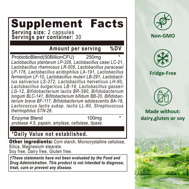Probiotics for Women & Men - Probiotic 50 Billion CFU 18 Strains & 5 Digestive Enzymes for Gut Health, Immune - Probiotics Capsules Supports Gas & Bloating, Non-GMO, Gluten Free, 60ct(Pack of 2)