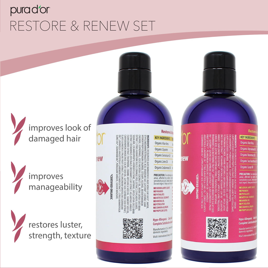 PURA D'OR Restore & Renew Shampoo and Conditioner Set for Strong, Healthy, and Nourished Hair with Organic Aloe Vera, Rosemary, Sea Buckthorn, Cacay, Coconut, Seaberry & Cedarwood