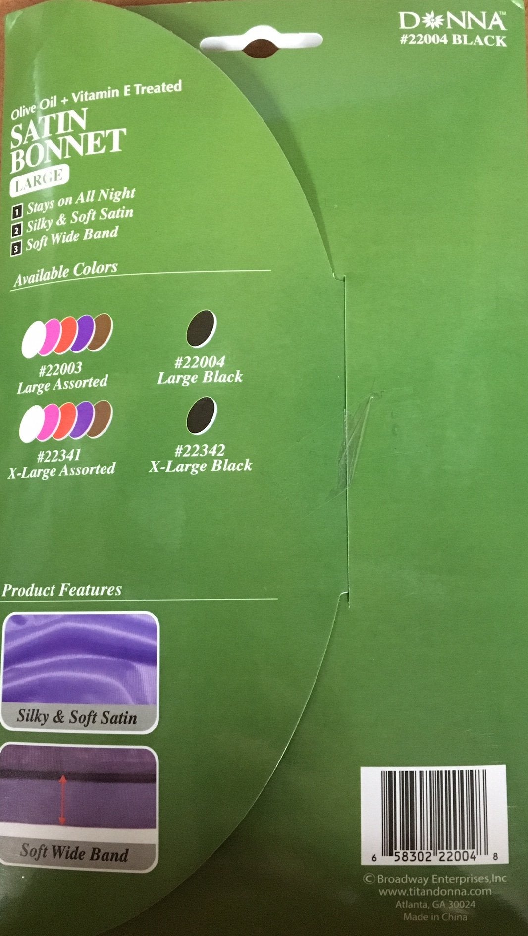 Donna Olive Oil + Vitamin E Treated Sleep Cap & Bonnet #22004 Black