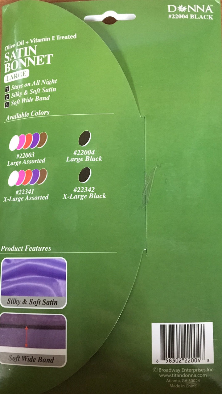 Donna Olive Oil + Vitamin E Treated Sleep Cap & Bonnet #22004 Black