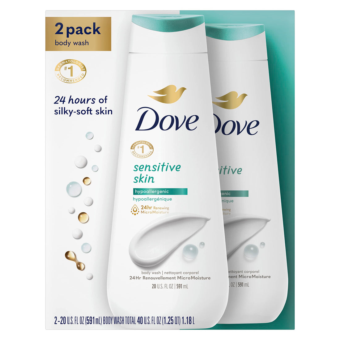 Dove Sensitive Skin Body Wash Hypoallergenic Gently Cleanses & Nourishes Skin Sensitive Skin Moisturizing and Sulfate Free 22 oz, 2 Count
