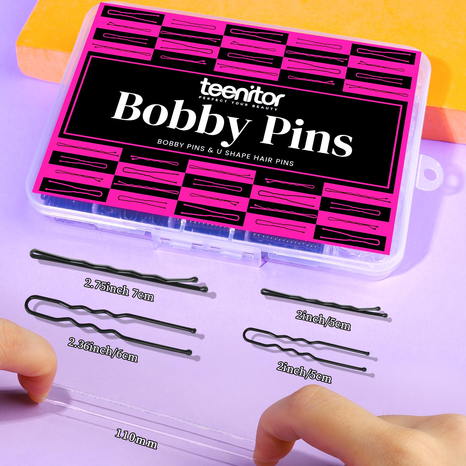 Teenitor 300pcs Hair Pins Bobby Pins Black, 100 Black Bobby Pins 100 Hair Pins for Women and 100 Clear Hair Bands Kit, U Pins for Buns 2 2.36 and Bobby Pins 2 2.75