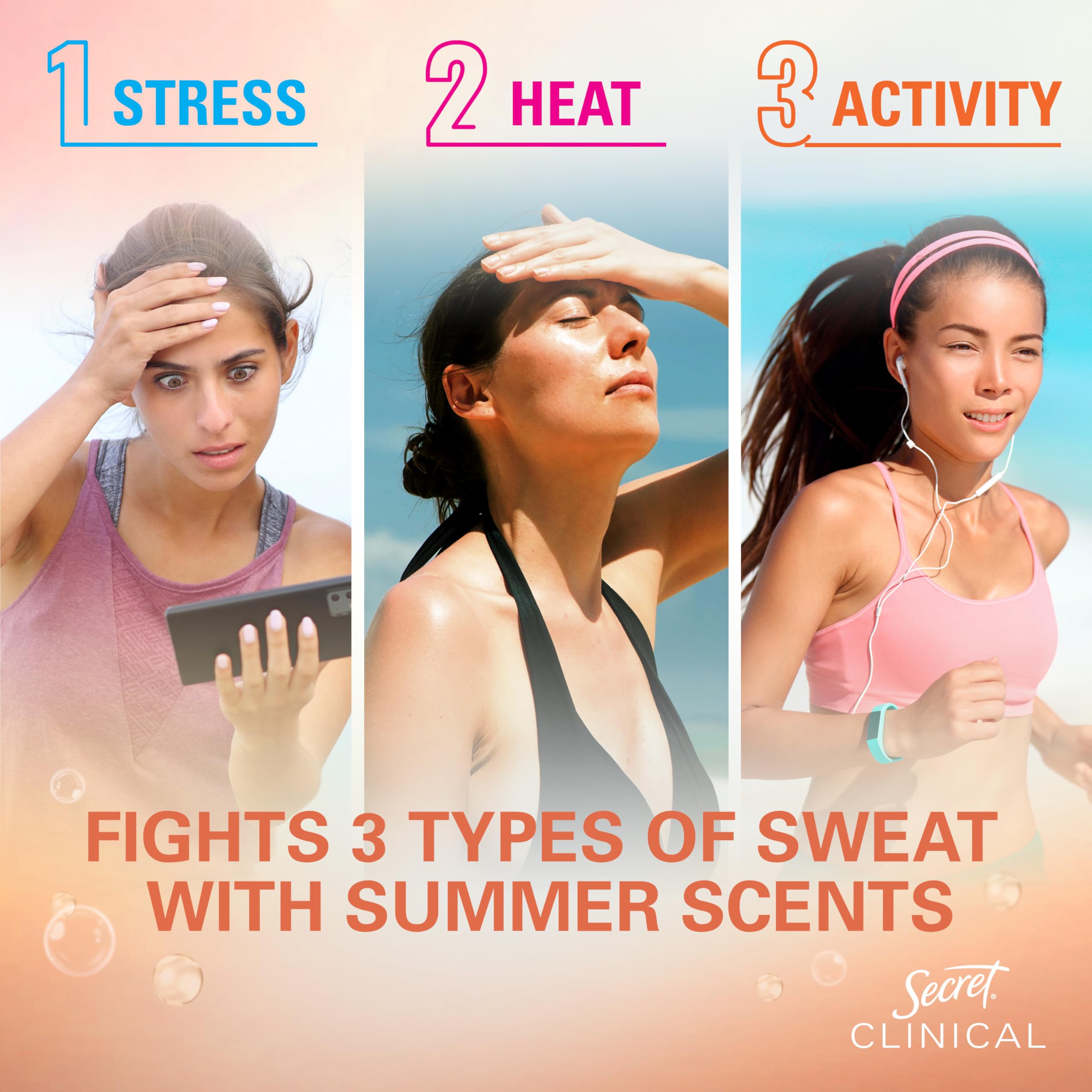 Secret Clinical Strength Antiperspirant Deodorant for Women, 3X Stress Protection, 72hr Sweat & Odor Protection, Pro-Hyaluronic Acid, Invisible Solid, Mandarin Summer Fizz Scent, 1.6 oz