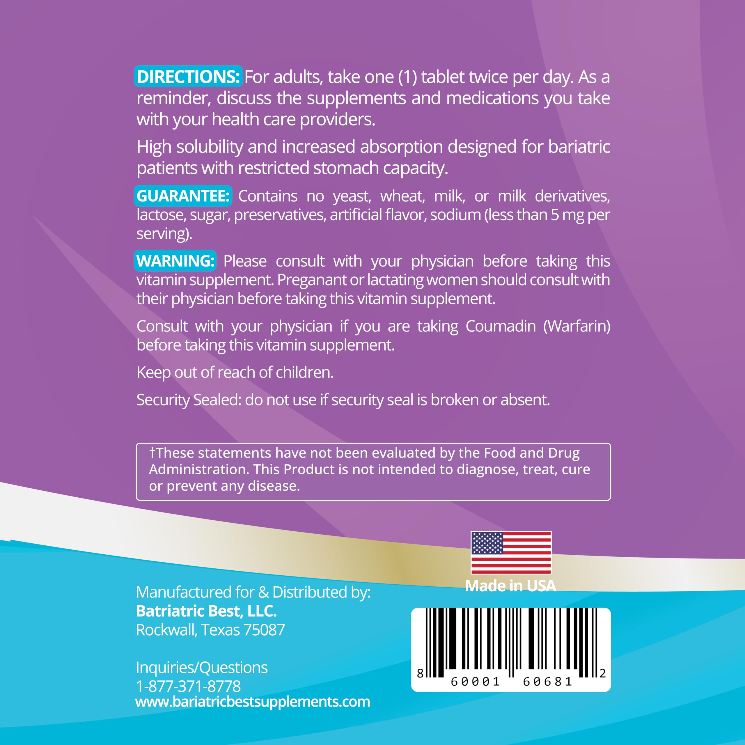 High A D E K Bariatric Multivitamin for Post DS/SADI Surgery, 25 Essential Nutrients for Post-Weight Loss Surgery, 180 Tablets, Meets ASMBS Guidelines for Bariatric Bypass